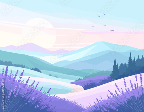 Scenic Lavender Field Landscape Illustration with Mountains, Sky, and Gentle Color Palette