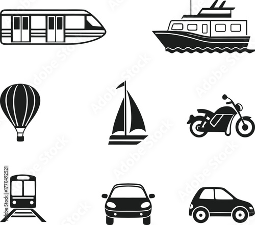 Nine icons of diverse transportation vehicles and modes silhouette train