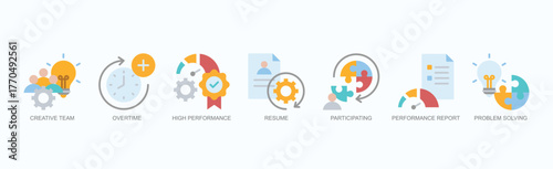 Team Performance Icon Set Isolated Vector With Icon Of Creative Team, Overtime, High Performance, Resume, Participating, Performance Report, Problem Solving In Flat Style