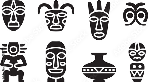 Eight African tribal masks, figures, and a vase icons African mask silhouette