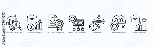 Enterprise Insights Icon Set Isolated Vector With Icon Of Financial Analysis, Business Income, Quality Assurance, Money Management, Pressure, Human Resources, Career Growth In Outline Style