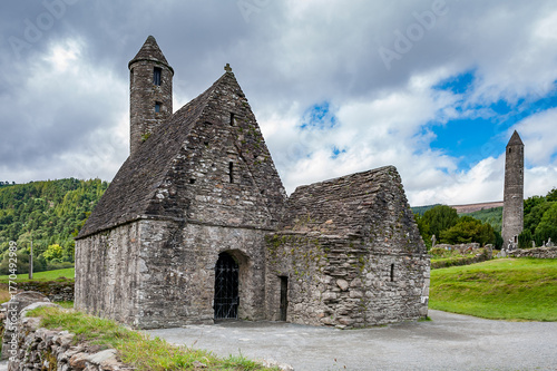 Saint Kevin Church and former monastery complex (6th century). The Glendalough Valley is located in the Wicklow Mountains National Park, Ireland.