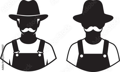 Two farmers with hats and overalls silhouette