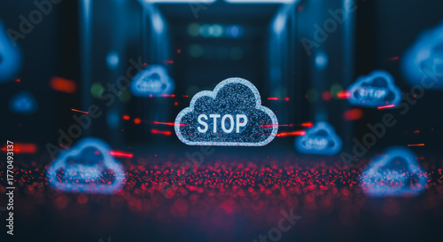An illuminated cloud, prominently emblazoned with the word STOP, is set against the backdrop of a futuristic server room.