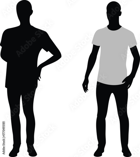 Two male figures in silhouette, one solid black, one with grey shirt Keywords: male, man, person