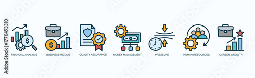 Enterprise Insights Icon Set Isolated Vector With Icon Of Financial Analysis, Business Income, Quality Assurance, Money Management, Pressure, Human Resources, Career Growth In Outline Color Style