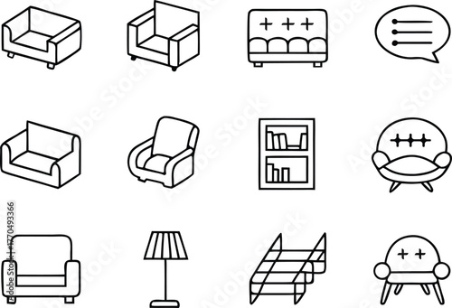 Set of Outline Icons for Furniture and Communication different home