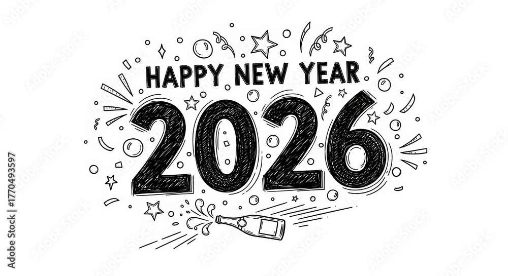 Fototapeta premium Happy New Year 2026 Greeting in Colorful Sketch and Hand Drawn Style