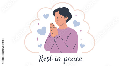 A person clasps their hands in prayer, with hearts and stars symbolizing peace.