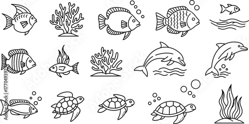 Simple Marine Life Line Icon Set: Ocean Animals and Underwater Plants – Includes Fish, Dolphin, Turtle, and Coral Reef Elements for Outline Graphic Design.