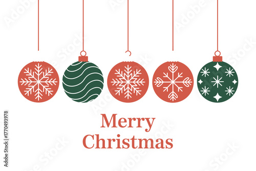 Five festive Christmas ornaments hang suspended against a white background.