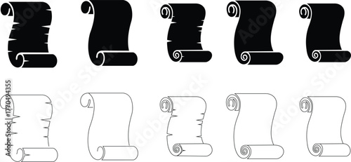 Old scroll paper icon set, antique parchment, vintage manuscript, and rolled document collection, ancient writing and medieval paper group in black line and flat and gradient style vector illustration