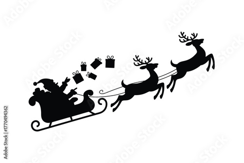 Santa Claus silhouette in a sleigh pulled by reindeer with gifts falling
