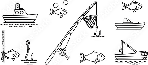 Black and White Line Art Fishing Icons Set: Rod, Reel, Net, Boat, Ship, Fish, Hook - Simple Graphic Elements for Ocean, River, Lake, and Sport Fishing Illustration.