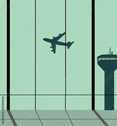A view out of an airport window shows a plane and the control tower.
