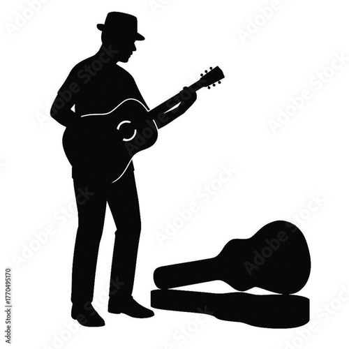 Street musician playing guitar silhouette vector