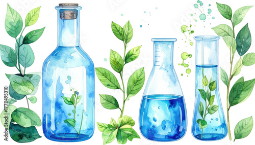 Watercolor illustration of clear glassware with plant life amidst green leaves, against a stark black background
