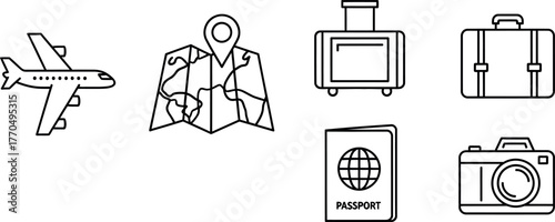 Line Art Travel Icons Set: Airplane, Map, Passport, Luggage, Suitcase, and Camera for Vacation, Tourism, Global Transport, and Destination Planning.