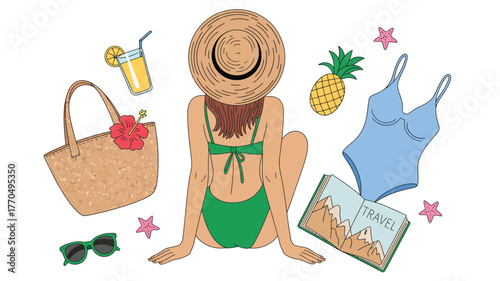A woman in a green bikini and straw hat sits surrounded by beach items for travel.