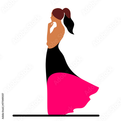 Stylized illustration of a woman in profile with a ponytail, depicted in a thoughtful pose with one hand on her chin