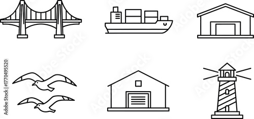 Line art vector icons set: maritime logistics, port infrastructure, cargo ship, bridge, warehouse, seagulls, and lighthouse. Global transport and shipping symbol collection.