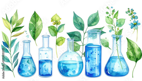 Watercolor science illustration of beakers filled with bright blue liquid among vibrant green leaves and foliage