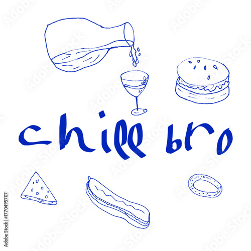casual chill bro hand drawn vector set with food doodles