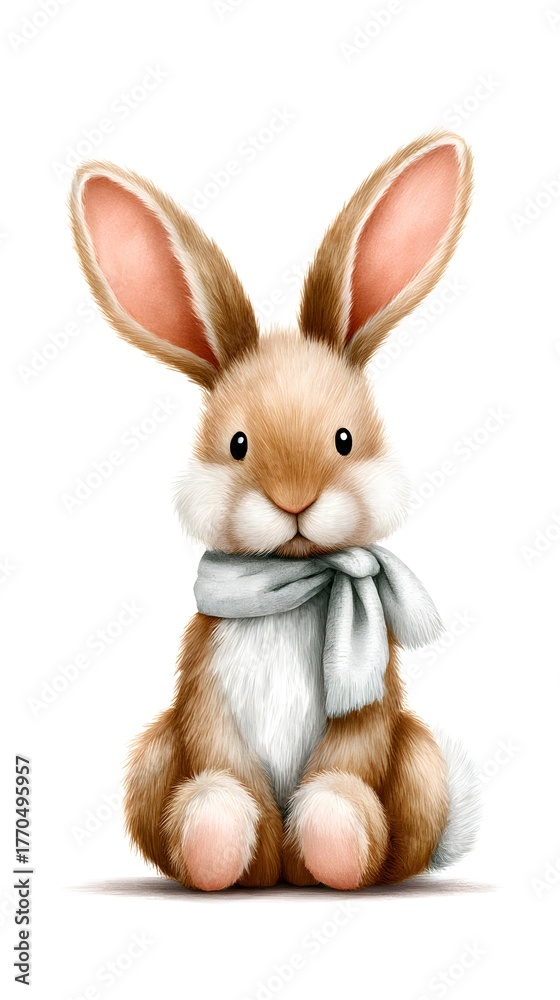 Fototapeta premium Cute fluffy rabbit wearing a scarf on white background. Illustration.