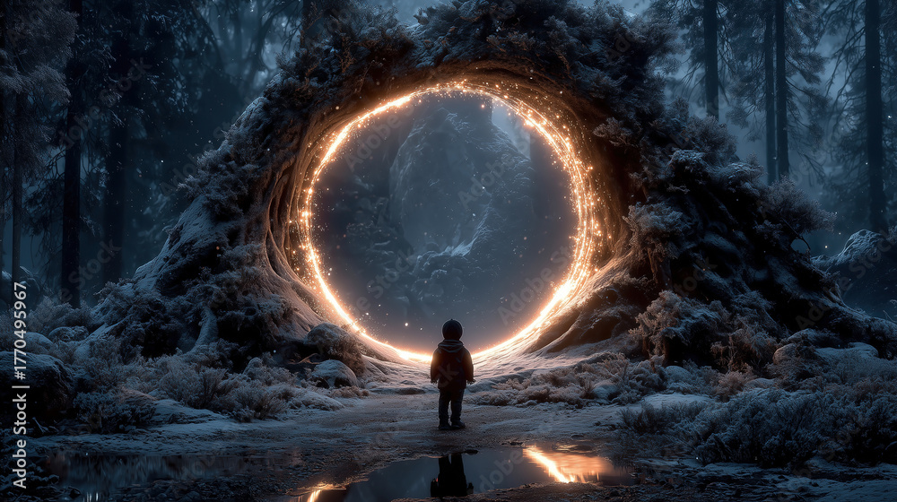 Obraz premium At dusk, in a magical forest filled with wonder, a child stands captivated before an enchanting winter portal, filled with mystery and allure