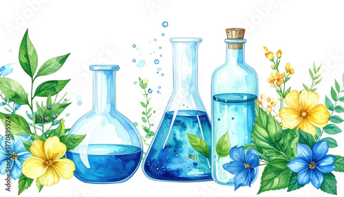 Watercolor science flasks with blue liquid, surrounded by flowers and greenery on a black background