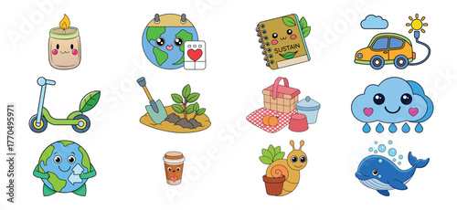 Collection of pixel art style environmental and nature themed illustrations