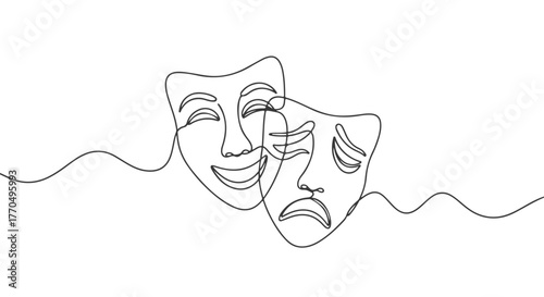 One continuous line drawing of smiling and sad theater masks representing drama and emotion