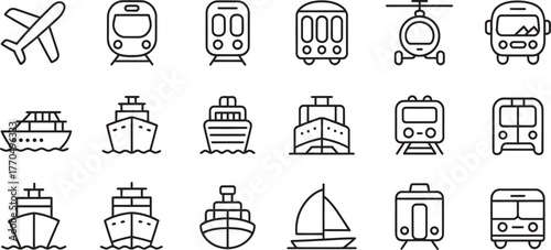 Travel and Transportation Icons Set - Airplane, Ship, Bus, and More