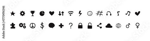 Solid Black Universal UI Icons Set. web icons set for mobile UI and web design.collection for user interface and UX. Navigation, multimedia, and settings, vector illustration.