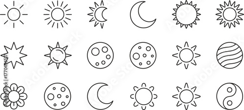 Space and Astronomy Icons Set - Sun, Moon, Stars, and Celestial Bodies