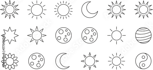 Sun, Moon, and Planet Icons Set - Celestial Bodies and Space Symbols