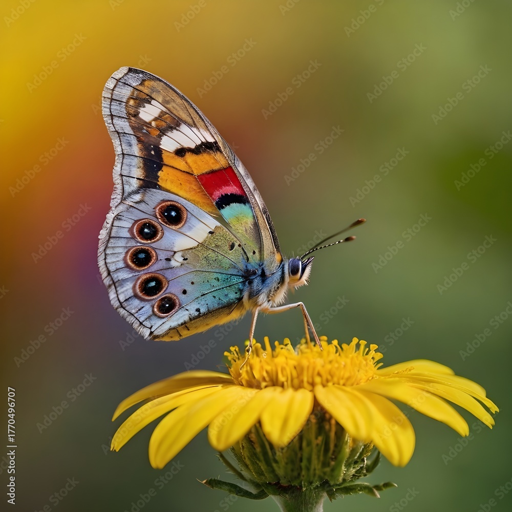 Obraz premium Macro Photo of Rainbow Butterfly on Yellow Flower — Colorful Wildlife Nature Detail Photography
