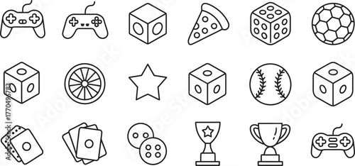 Set of Sports and Game Icons - Dice, Football, Trophy, Cards, and More