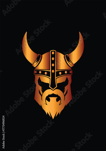 Vector art of golden viking helmet with horns and beard, isolated on