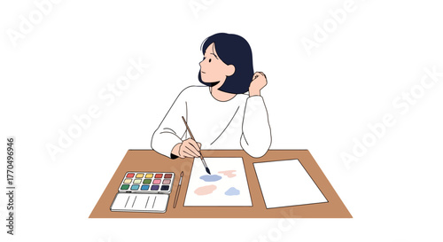 Young Woman Painting Watercolor Abstract Shapes on Paper, Ideal for Illustrating Artistic Expression, Creative Hobbies, and Relaxing Activities for Mental Well-being