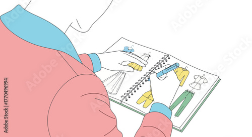 Fashion Designer Sketching Stylish Garments in a Notebook, Ideal for Illustrating Creative Design, Fashion Industry Concepts, or Artistic Expression