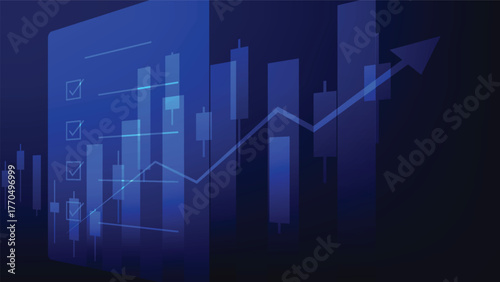 stock market chart with candlesticks and bar graph with checklist on blue background