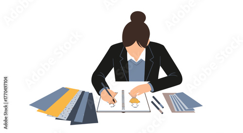 Creative Fashion Designer Sketching Garment Designs, Reviewing Fabric Samples, and Developing New Collections for Fashion Industry Products