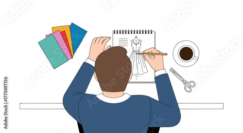 Fashion designer sketching dress design on notepad at desk with coffee and supplies used to illustrate creativity, design process and fashion industry.