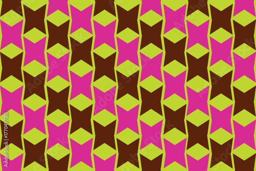 A vibrant geometric pattern composed of repeating pink, brown, and lime-green shapes forming vertical zigzag stripes. The bold color contrast and symmetrical design create a lively, modern, and visual