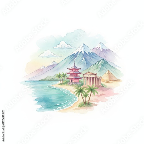 Scenic Landscape with Mountains, Beach, and Historical Architecture