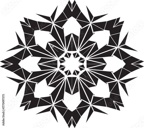 Intricate geometric snowflake mandala with vibrant blue and teal crystalline facets creating a symmetrical starburst pattern isolated on white background.