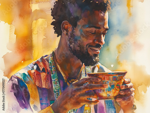 Man in dashiki holding unity cup in warm indoor lighting 