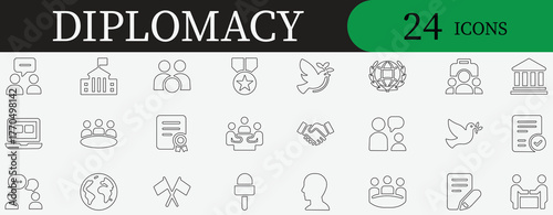 Diplomacy, peace, negotiation, handshake, agreement, partnership, global cooperation, unity, teamwork, leadership, treaty, communication, alliance icons