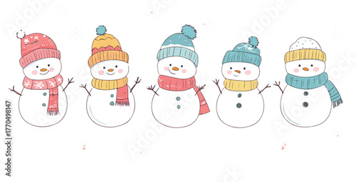 A cute cartoon snowman with a hat and scarf stands by a festive Christmas tree in the snow, ready for winter holiday fun